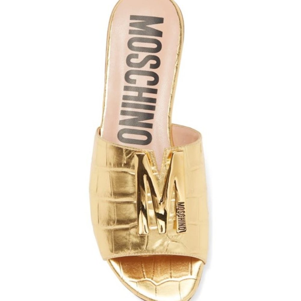 ✨ NWT Moschino Gold Croc Embossed M Logo Slide Sandals EU 37 🇮🇹 - Picture 3 of 16